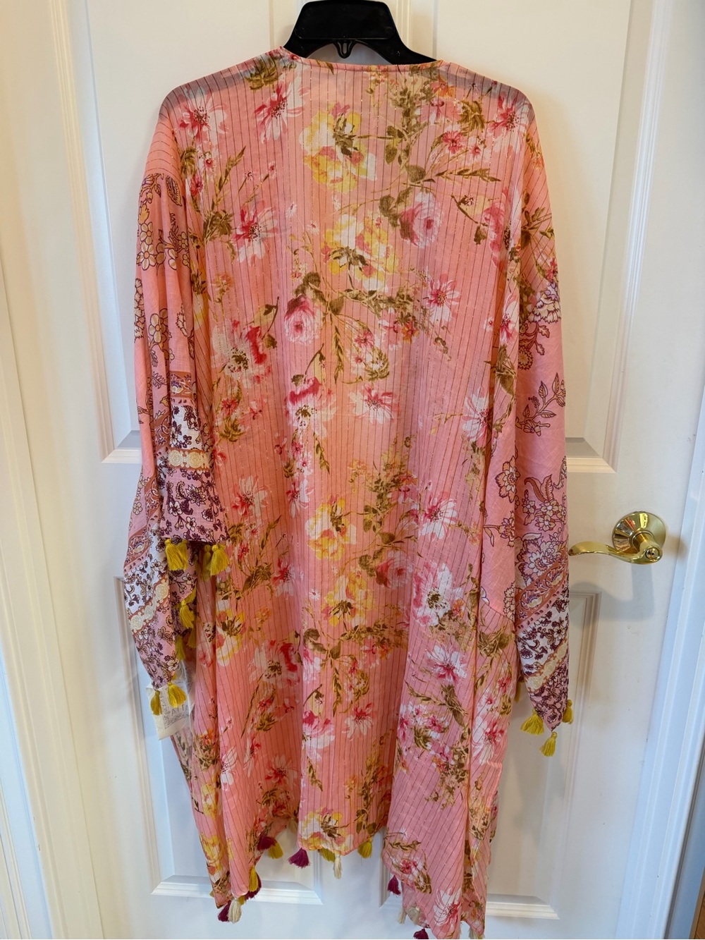 Aratta Pink Floral Sheer Kimono Wrap with Yellow Tassel Trim - Picture 9 of 9